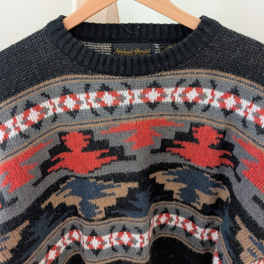 Vintage Southwestern Abstract Geometric Patterned Crewneck Sweater In Black/Red - Picture 5 of 7